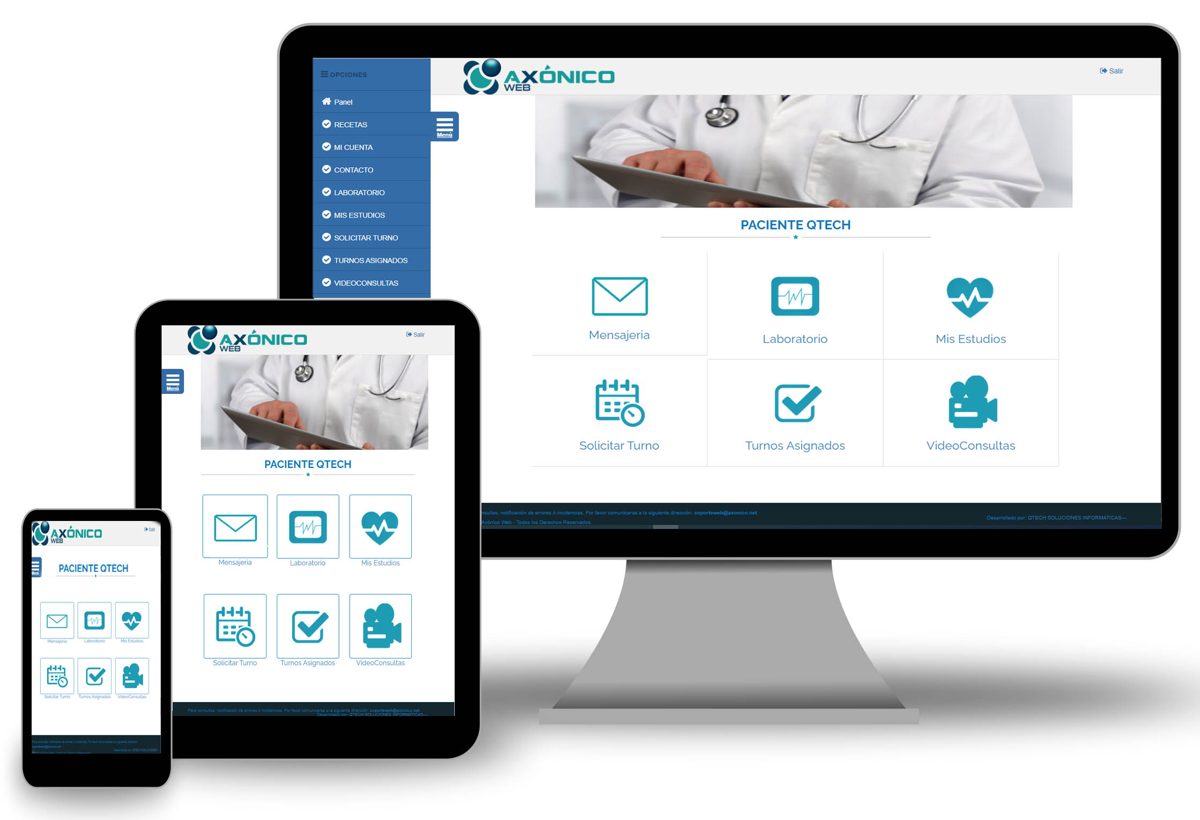 Portal de pacientes AXONICO en computadora, tablet y celular